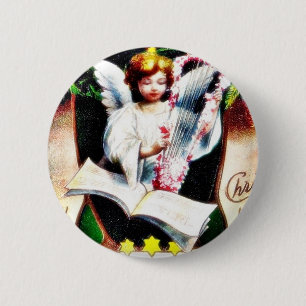 Christmas greeting with angel playing music 2 inch round button