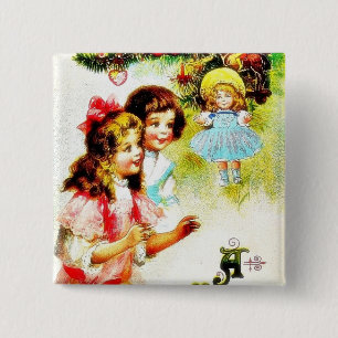 Christmas greeting with girls looking at the chris 2 inch square button