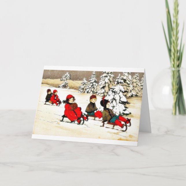 Christmas greeting with kids snow slading holiday card (Front)