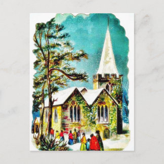 Christmas greeting with people going to church holiday postcard
