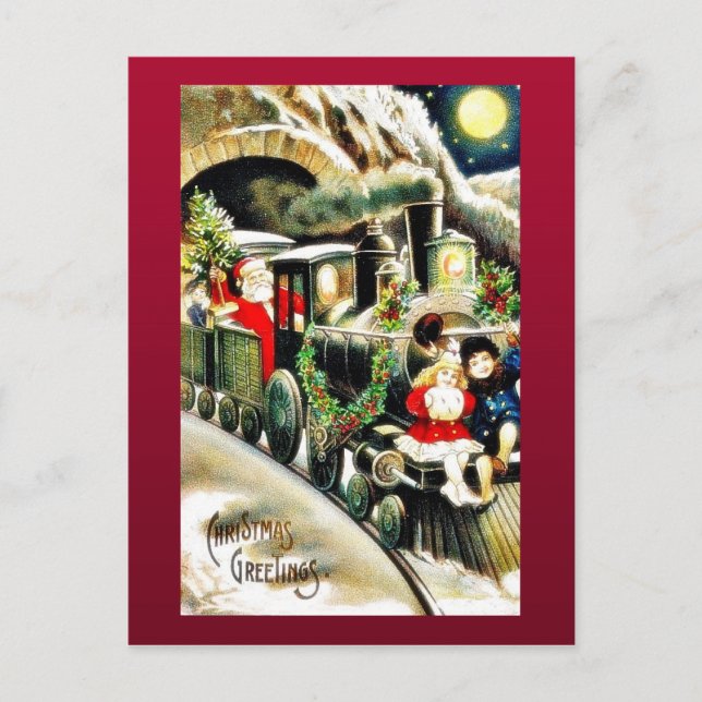 Christmas greeting with santa claus travells in a holiday postcard (Front)