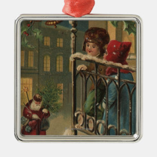 Christmas GreetingKids Watching Santa Metal Ornament