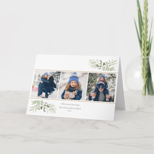 Christmas Greetings 3 Photo Greenery Modern Holiday Card (Front)