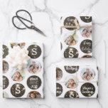 Christmas Greetings 6 Photo Monogram Gold Sparkle Wrapping Paper Sheet<br><div class="desc">Showcase 6 repeating photos and your monogram duplicated on each sheet of gold ombre sparkle polka dot pattern on white with a different Christmas holiday season greeting on each sheet: HAPPY HOLIDAYS, SEASON'S GREETINGS AND PEACE LOVE JOY. PHOTO TIP: For fastest/best results, choose a photo with the subject in the...</div>