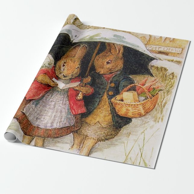 “Christmas Greetings” by Beatrix Potter Wrapping Paper (Unrolled)