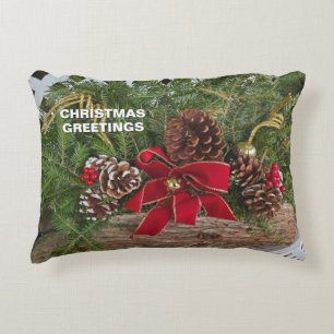 Christmas Greetings Evergreen Yule Log Red Bows Accent Pillow