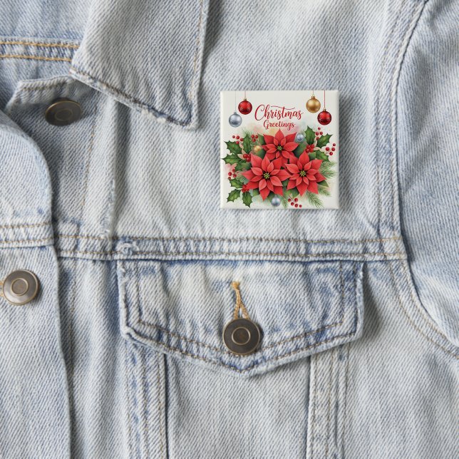 Christmas Greetings, Festive, 2 Inch Square Button (In Situ)