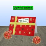 Christmas greetings for Mom and Dad red parcel Holiday Card<br><div class="desc">Personal Christmas greetings to delight mom and dad. This card has the appearance of a parcel with a colourful pattern of stylized snowflakes on a red background. The parcel is tied with a golden 'ribbon', and has a 'gift tag' with the message "Happy Christmas Mom and Dad". Either type in...</div>