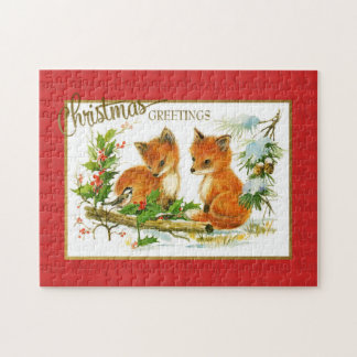 Christmas Greetings Foxes Vintage Reproduction Jigsaw Puzzle
