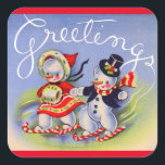 Christmas Greetings from Mr. and Mrs. Snowman Square Sticker<br><div class="desc">A VERY cute image,  featuring Mr. and Mrs. Snowman skiiing on candy canes,  and wishing one and all 'Greetings.' Equally cute on stickers!! Wanna see more old? Here's my blog! www.fullservicebohemian.blogspot.com</div>