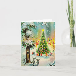 Christmas Greetings Gathering around a tree_1950 Holiday Card