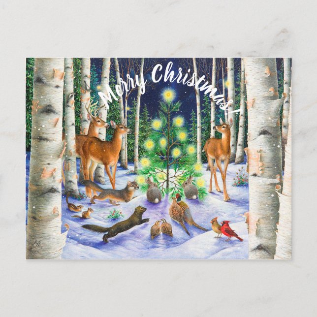 Christmas Greetings Gathering around a tree Holiday Postcard (Front)