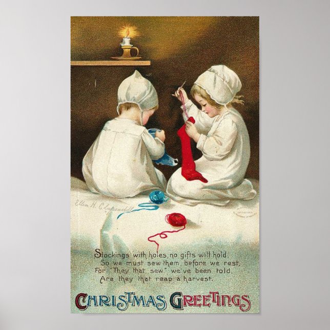 Christmas Greetings Kids Sewing Christmas Socks Poster (Front)