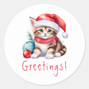 Christmas Greetings Kitten Christmas Classic Round Sticker