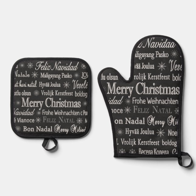 Christmas Greetings Multiple Languages Chalkboard Oven Mitt & Pot Holder Set (Front)