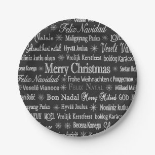 Christmas Greetings Multiple Languages Chalkboard Paper Plate