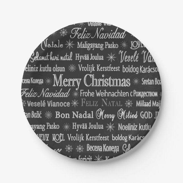 Christmas Greetings Multiple Languages Chalkboard Paper Plate (Front)