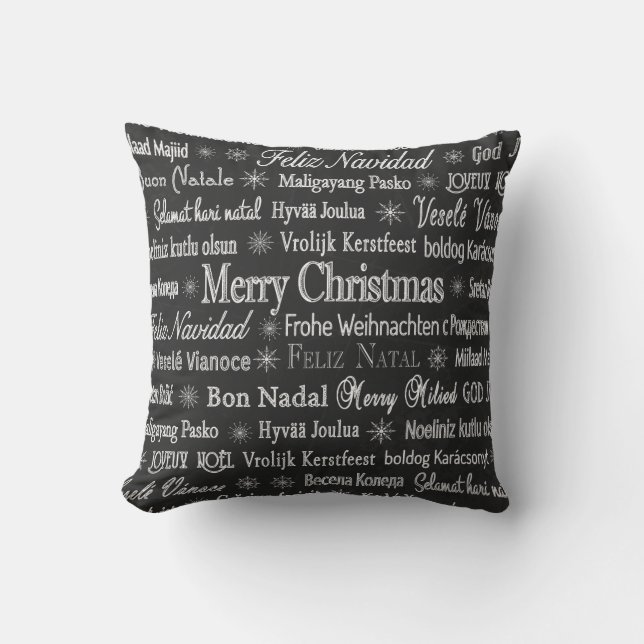 Christmas Greetings Multiple Languages Chalkboard Throw Pillow (Front)