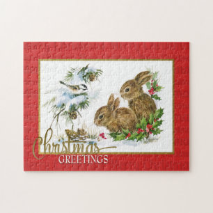 Christmas Greetings Rabbits Vintage Reproduction Jigsaw Puzzle