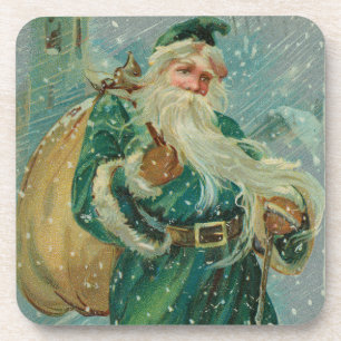 Christmas Greetings-Retro Santa Claus Postcard Coaster