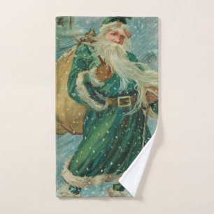 Christmas Greetings-Retro Santa Claus Postcard Hand Towel