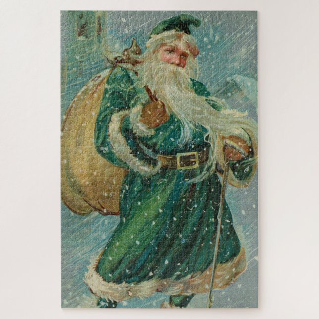 Christmas Greetings-Retro Santa Claus Postcard Jigsaw Puzzle