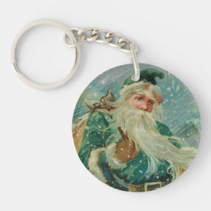 Christmas Greetings-Retro Santa Claus Postcard Keychain