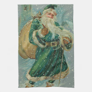 Christmas Greetings-Retro Santa Claus Postcard Kitchen Towel
