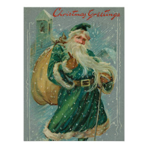 Christmas Greetings-Retro Santa Claus Postcard Poster