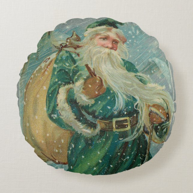 Christmas Greetings-Retro Santa Claus Postcard Round Pillow (Front)