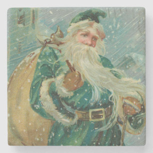 Christmas Greetings-Retro Santa Claus Postcard Stone Coaster