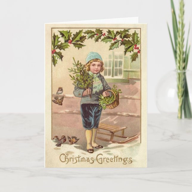 Christmas Greetings Victorian Boy Old World Holiday Card (Front)