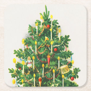 Christmas Greetings, vintage card, Christmas Tree Square Paper Coaster