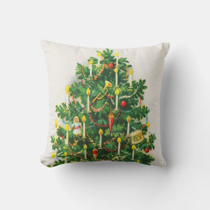 Christmas Greetings, vintage card, Christmas Tree Throw Pillow