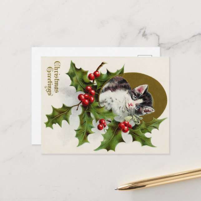 Christmas Greetings Vintage Kitty Card (Front/Back In Situ)