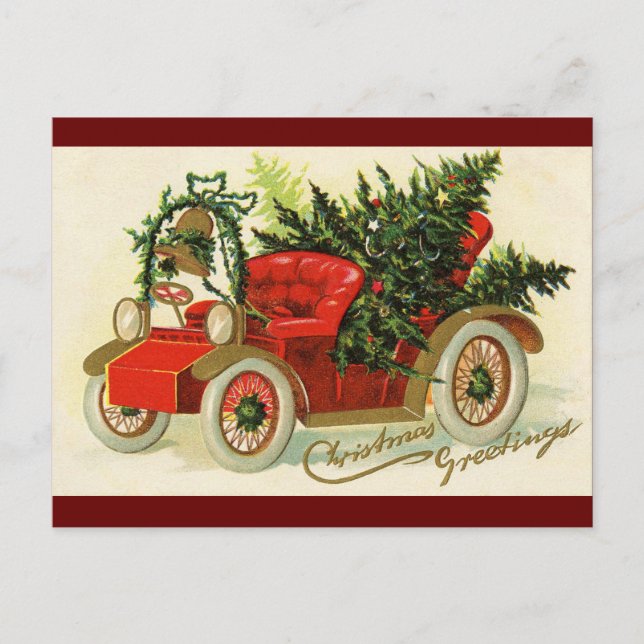 "Christmas Greetings" Vintage Truck Christmas Tree Postcard (Front)