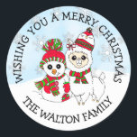 Christmas Greetings Winter Llama and Snowman Classic Round Sticker<br><div class="desc">Personalized Christmas Greetings Winter Llama and Snowman festive stickers for your Christmas cards gift bags or candy bag favours!</div>