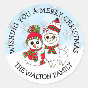 Christmas Greetings Winter Llama and Snowman Classic Round Sticker