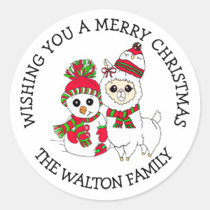 Christmas Greetings Winter Llama and Snowman Classic Round Sticker
