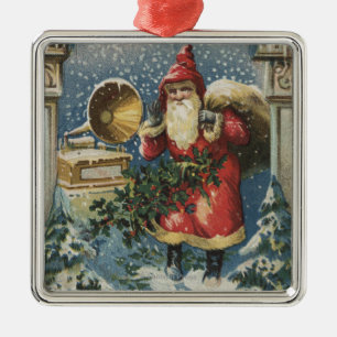 Christmas GreetingSanta and Record Player Metal Ornament