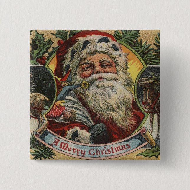 Christmas GreetingSanta and Reindeer 2 Inch Square Button (Front)