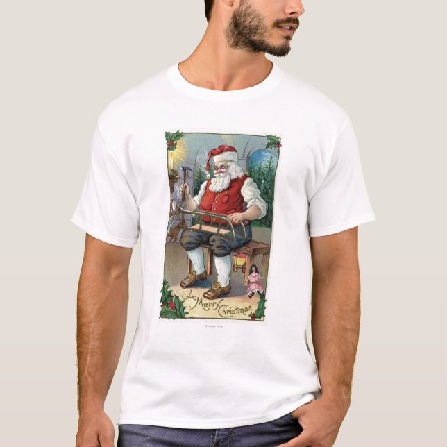 Christmas GreetingSanta Building Sled T-Shirt (Front)