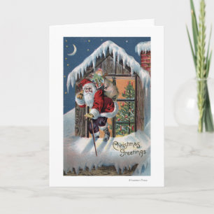 Christmas GreetingSanta Climbing Out Window Holiday Card