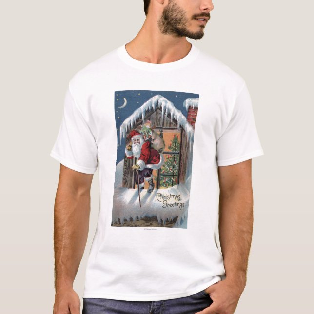 Christmas GreetingSanta Climbing Out Window T-Shirt (Front)