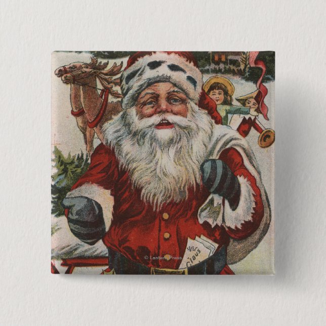 Christmas GreetingSanta with Deer and Kids 2 Inch Square Button (Front)