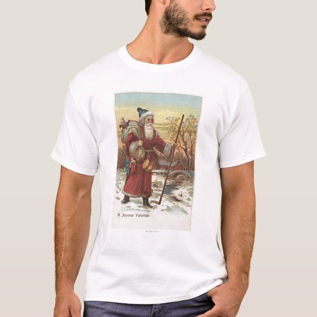 Christmas GreetingSanta with Walking Stick T-Shirt (Front)