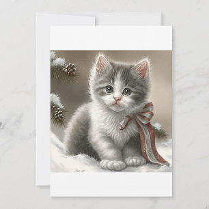 Christmas Grey Kitten , Santa Cat T-Shirt Holiday Card