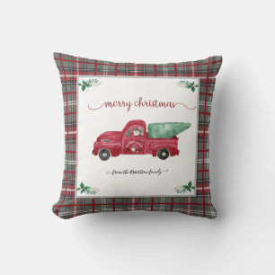 Christmas Grey Plaid Gnome Tree Farm Red Truck Throw Pillow
