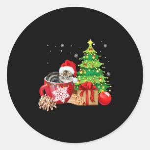 Christmas Grey Tabby Cat Ugly Xmas Tree Lights Paj Classic Round Sticker