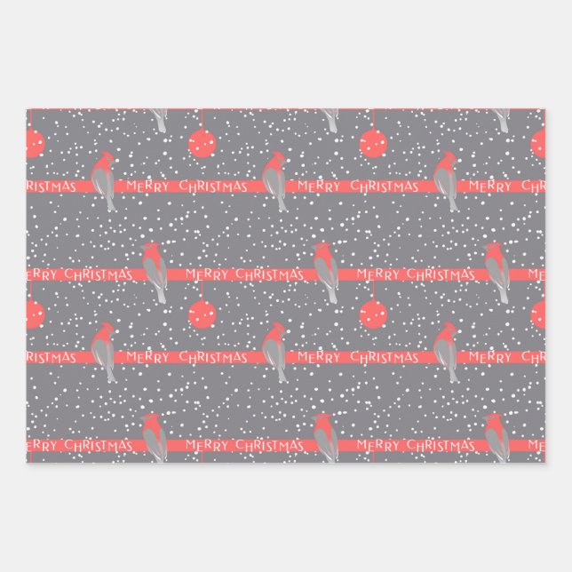 Christmas grey white red birds pines wrapping paper sheet (Front)